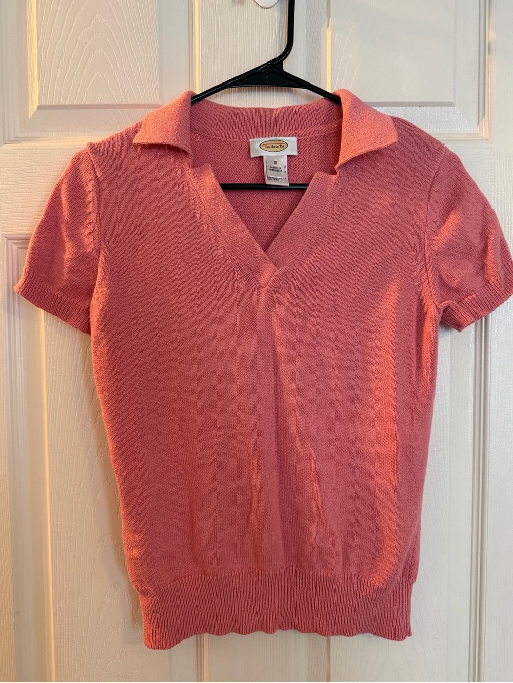 Talbots Coral-Pink Short-Sleeve V-Neck Polo Sweater